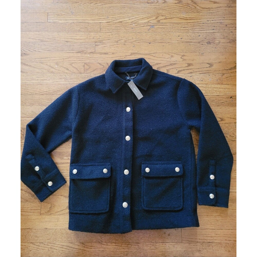 J Crew Boucle Shirt Jacket Black Gold Crest Button Fleece Shacket Small NWT